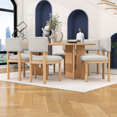 7-Piece Rustic Dining Set with Rectangular Wood Table and 6 Upholstered Chairs