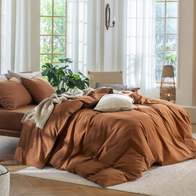 Ensemble de housse de couette orange en lin lavé et texturé orange, très confortable, doux et confortable, très grand (104 po x 90 po)