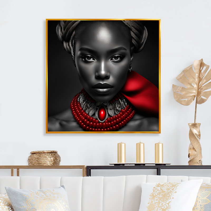 «The Lady With The Red Ruby III - Fashion Woman», art mural, H 30 po x l 30 po x P 1 po, Toile avec cadre flottant or