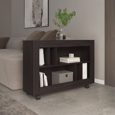Chariot-console Joge de 37,4 po de largeur avec six tablettes, roulettes, table de vestibule, table d'appoint, table de salon, wengé noir pour le salon