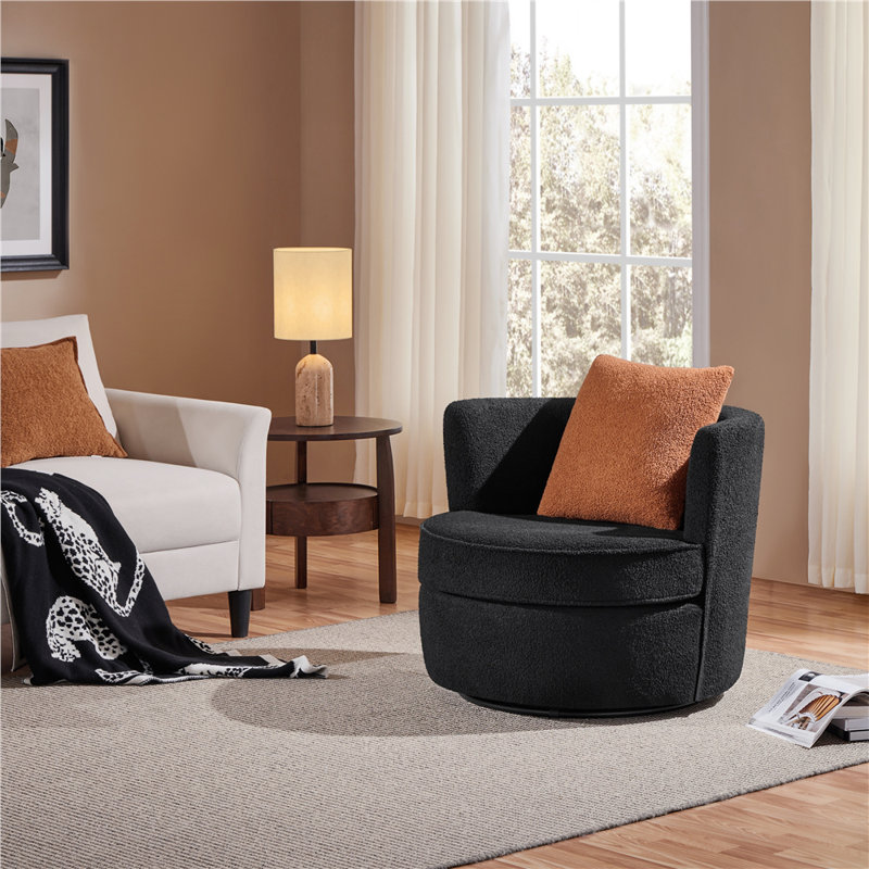 Swivel Accent Armchair with Throw Pillow, Black/Brown Polyester