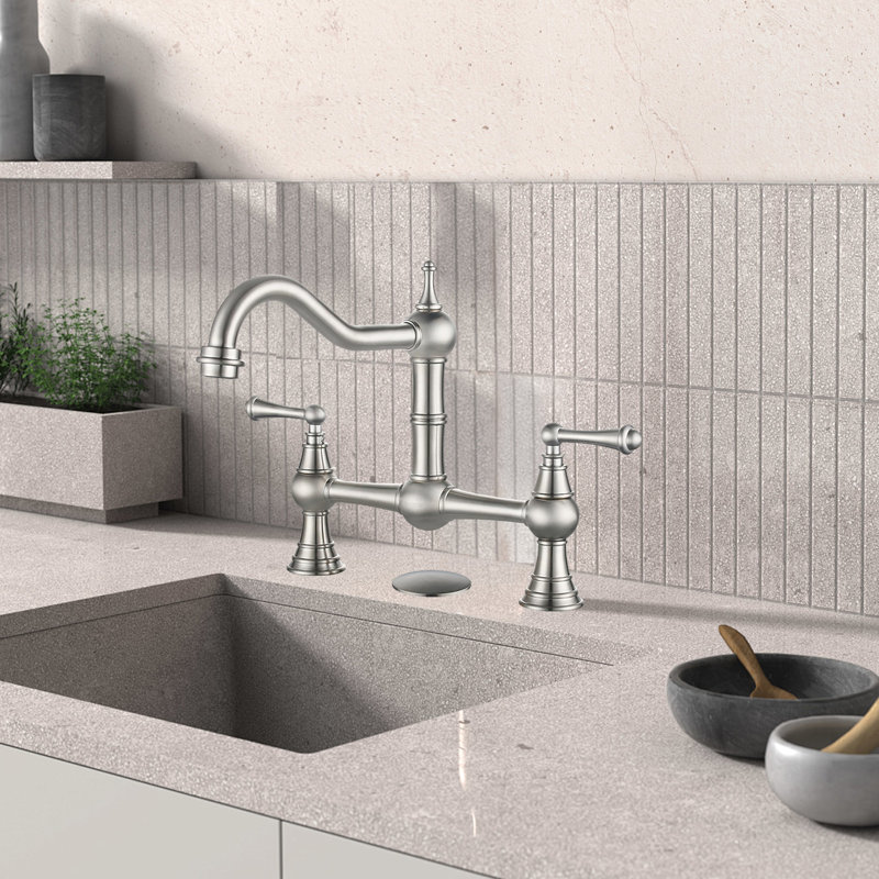 Bridge-Style Kitchen Faucet, 2 Or 3 Hole Bridge Faucet, 2 Handle Kitchen Sink Faucet 360° Rotating Faucet, Brushed Nickel