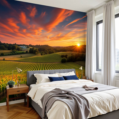 Papier peint auto-adhésif Sunset Rolling Vineyard Landscape Green Vines Dramatic Orange Sky