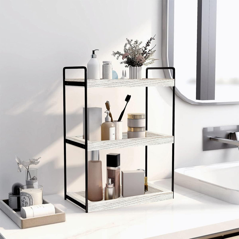 Organisateur de comptoir de salle de bain à 3 niveaux, tablette de meuble-lavabo rustique avec conception ouverte pour la salle de bain, la cuisine, la chambre à coucher ou le bureau - Structure en fer robuste et fabrication en bois massif