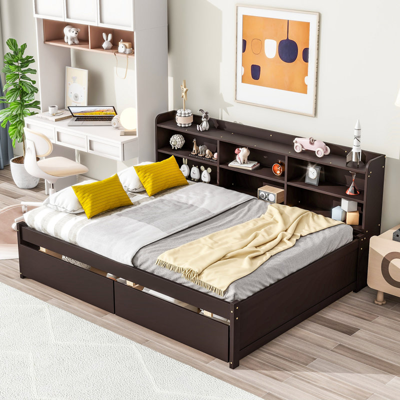 Bed With Side Bookcase and Drawers for Living Room Bedroom, Full, Espresso