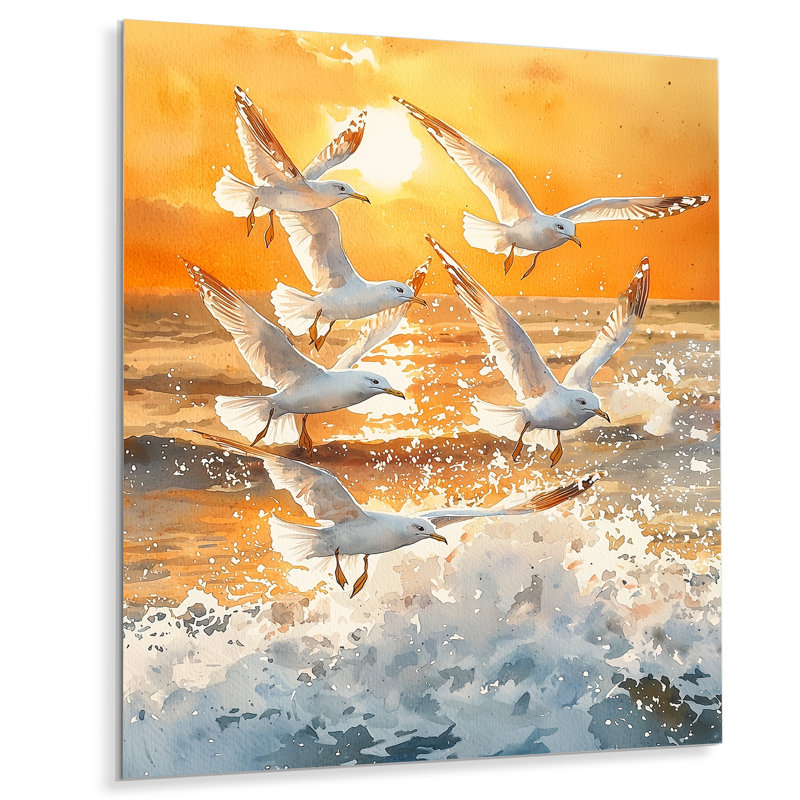 Mouettes au lever du soleil II - oiseaux, impressions métalliques, H 20 po x l 12 po