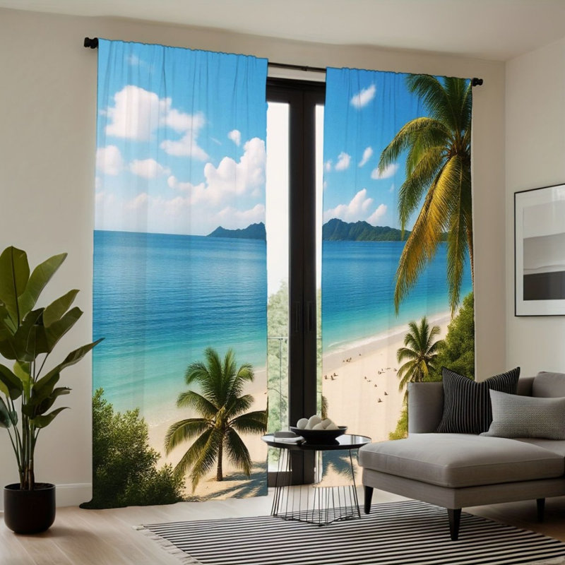 2Pcs Tropical Beach Palm Tree Curtains, Serene Ocean Sea View Pattern, Rod Pocket Light Filtering, Coastal Paradise Style, All-Season For Living Room Bedroom Balcony Window Decor