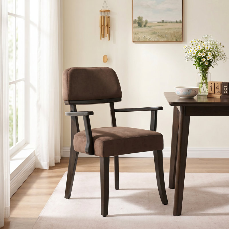 Modern Upholstered Solid Wood Dining Chair With Arms, Brown Velvet