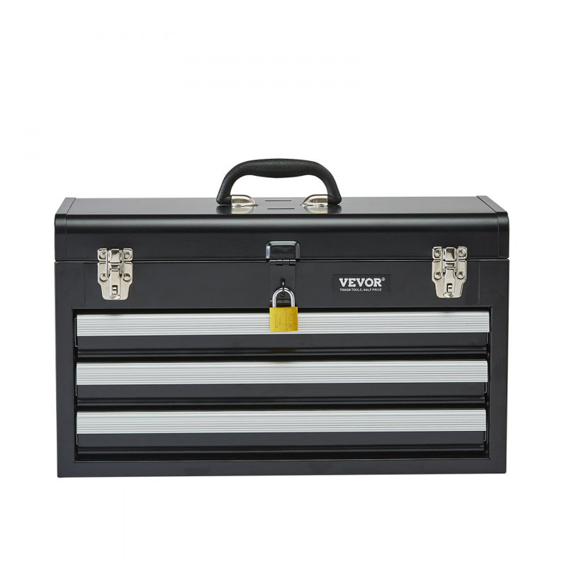 Tool Box inch Portable Metal Tool Box with 3 Drawers Tool Organizer, Black