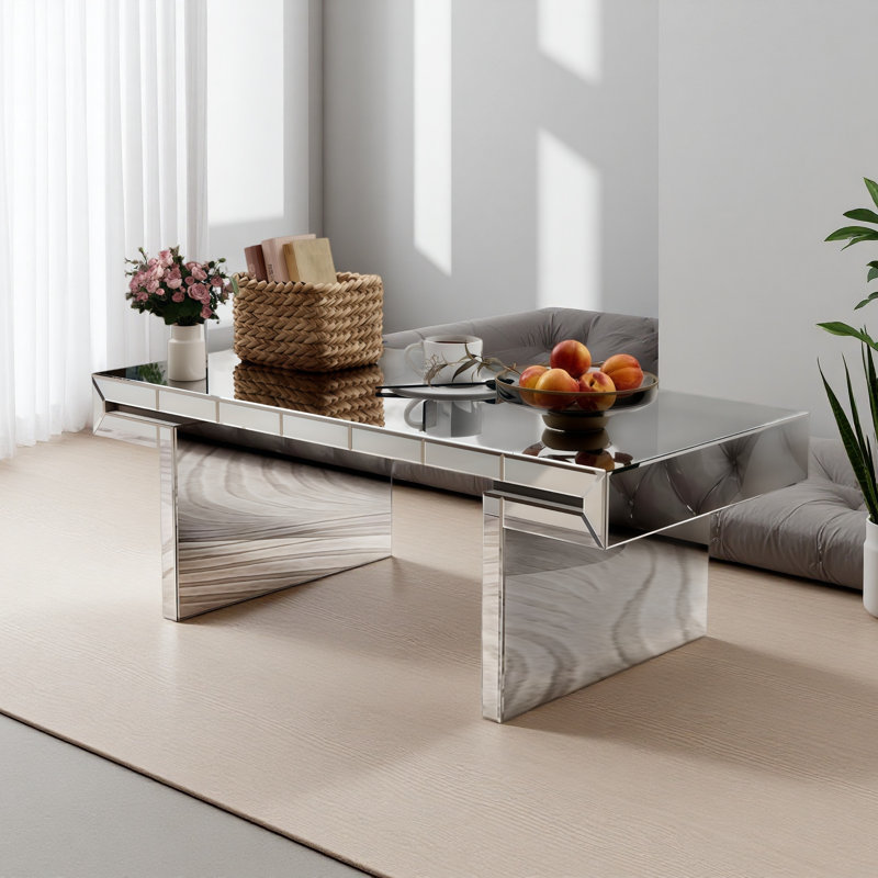 Table basse à miroir rectangulaire de luxe 47 pouces avec verre trempé cannelé, table d'appoint moderne pour canapé, assemblage facile en 2 étapes, style luxueux léger, emballage renforcé