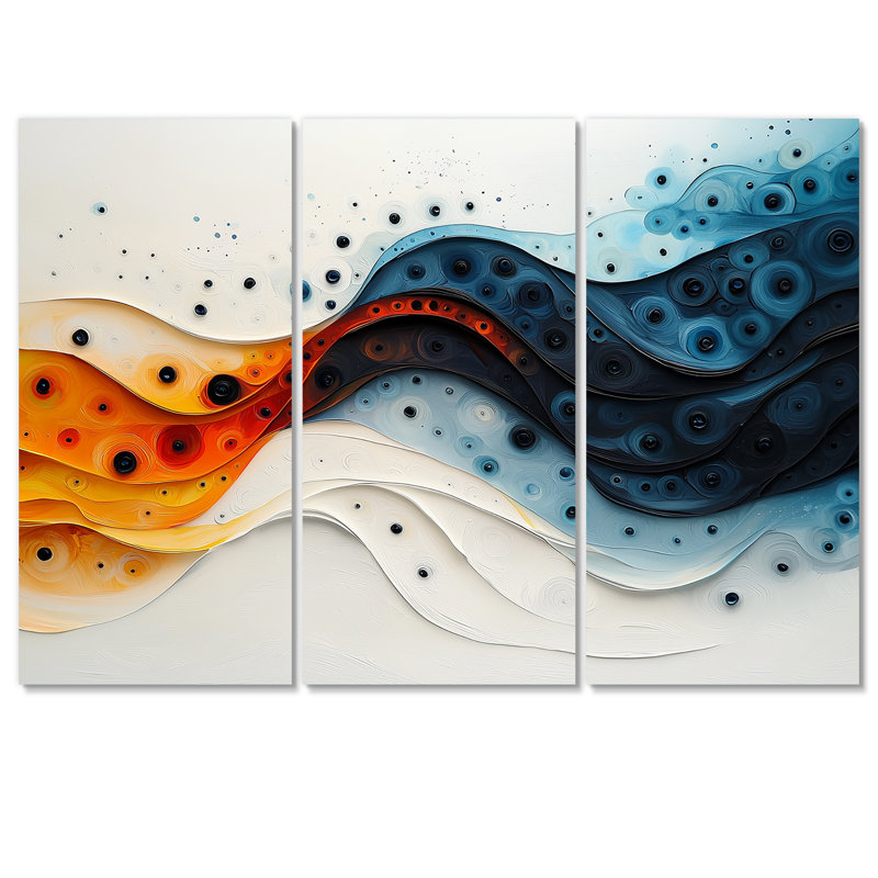 «Orange Spiral», Encre rythmique, rivière I - Abstrait spirales murales - 3 pièces, Toile tendue, H 28 po x l 36 po