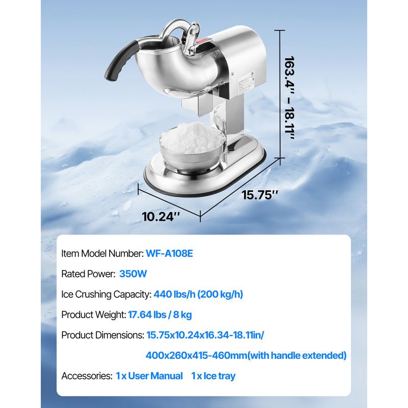 Broyeur à glace, machine à granita électrique 4 lames, 200 kg/h, 350 W, 1400 tr/min, pour usage domestique et professionnel, entièrement en acier inoxydable avec bol et couvercle, couleur argent.