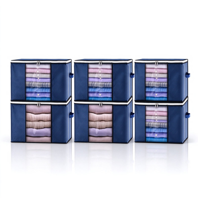 6 Pcs Storage Bags, Foldable Clothes Bins with Clear Window, , Foldable Storage Bags, Blue