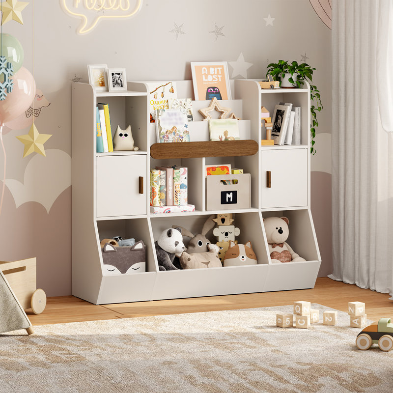 46.8"W Kids Bookshelf with 3 Storage Cubbies, Toy Organizer with Storage Shelves, for Playroom, School, White