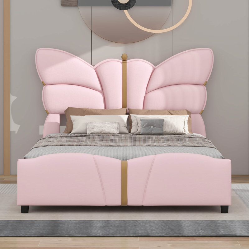 Lit plateforme tapissier avec tête et pied de lit en forme de papillon, Rose clair, Grand