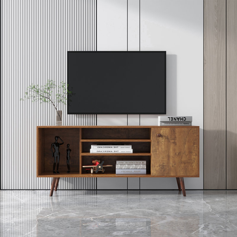 Cumi 62.9"W Mid-Century Modern TV Stand with Sliding Doors & Drawers, Entertainment Center TV Console Table with Rattan Doors