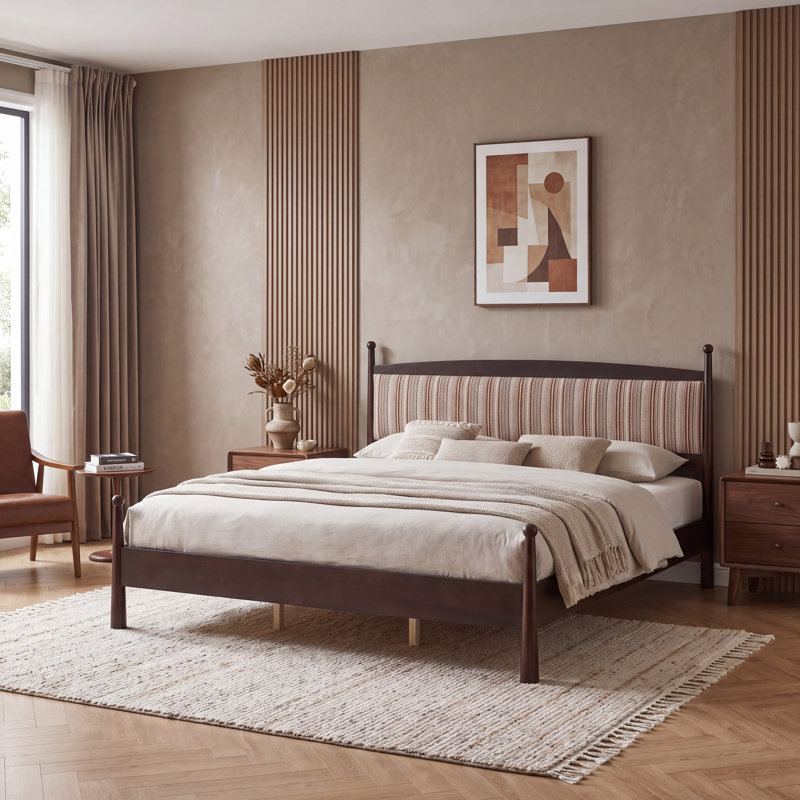 Zella Modern Coastal Platform Bed Frame with Upholstered Stripe Fabric Headboard, Pine Wood, Plywood & MDF Construction, Wooden Slat Support, No Box Spring Needed