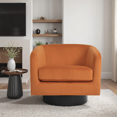 Everett Applewold Upholstered Velvet Swivel Barrel Chair with Solid Wood Base