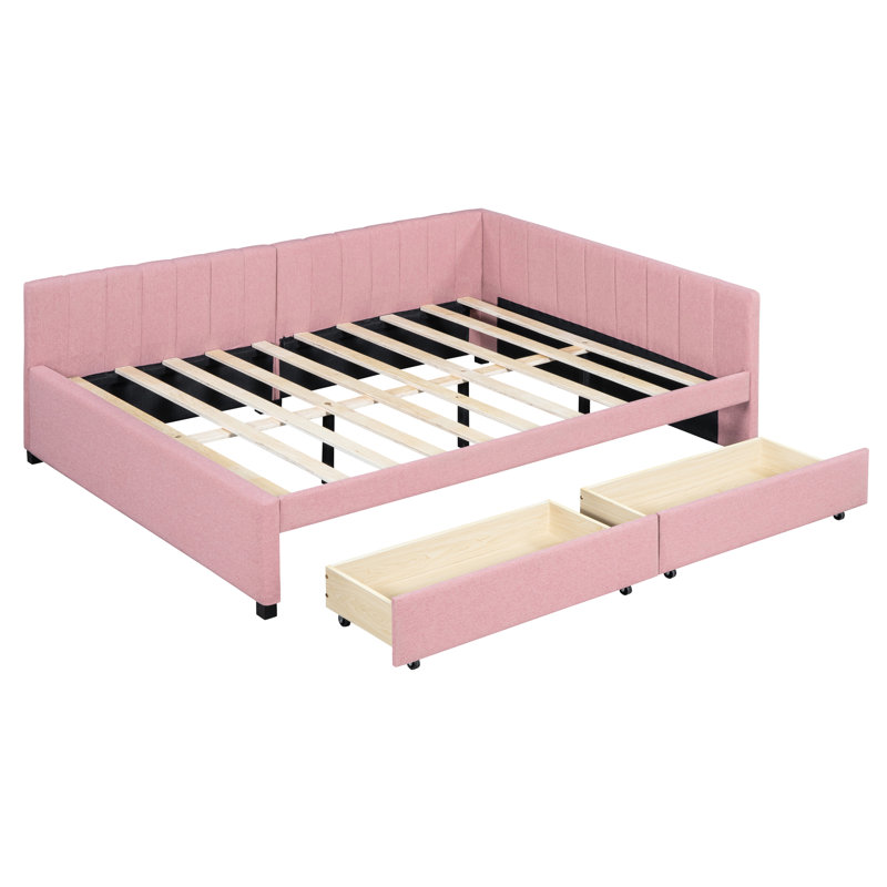 Lit de jour avec revêtement en lin (rose), 2 tiroirs de rangement, aucun sommier tapissier, 2 robustes et polyvalentes en tissu rose, sommier nécessaire, base de lit fiable
