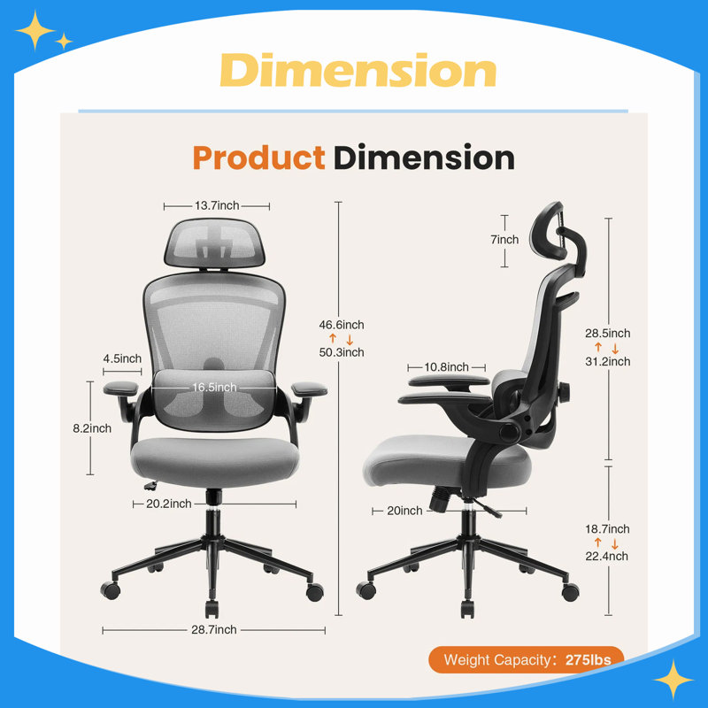 High Back Desk Chair with Adjustable Lumbar Support & Headrest,Comfortable Mesh Computer Chair with Soft Flip Up Arms, grey
