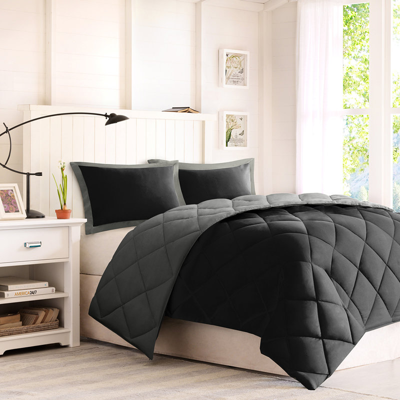 Édredon doux et simple / simple TG avec taies de fermeture à glissière cachées 3M et diamant chaud alternatif, Noir/gris