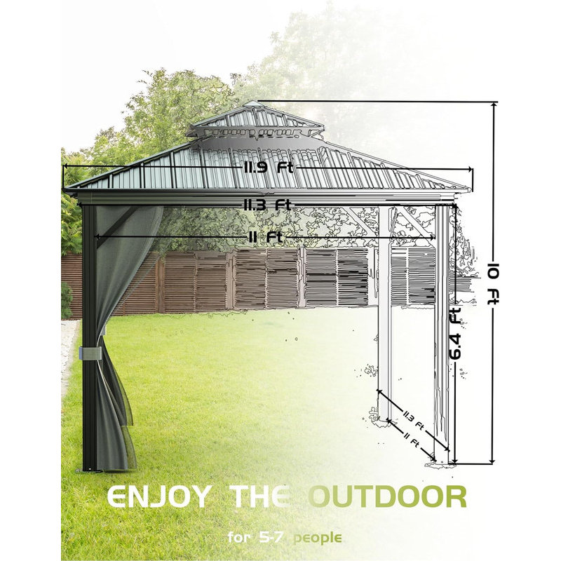 Hardtop Gazebo with Double Metal Roof, Aluminum Frame & Netting for All Weather Outdoor Use, 120" H x 144" W x 144" D