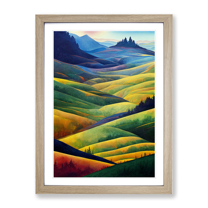 Meadow Landscape Watercolour No.3 - Framed Print, 34cm H x 25cm W x 2cm D, Oak
