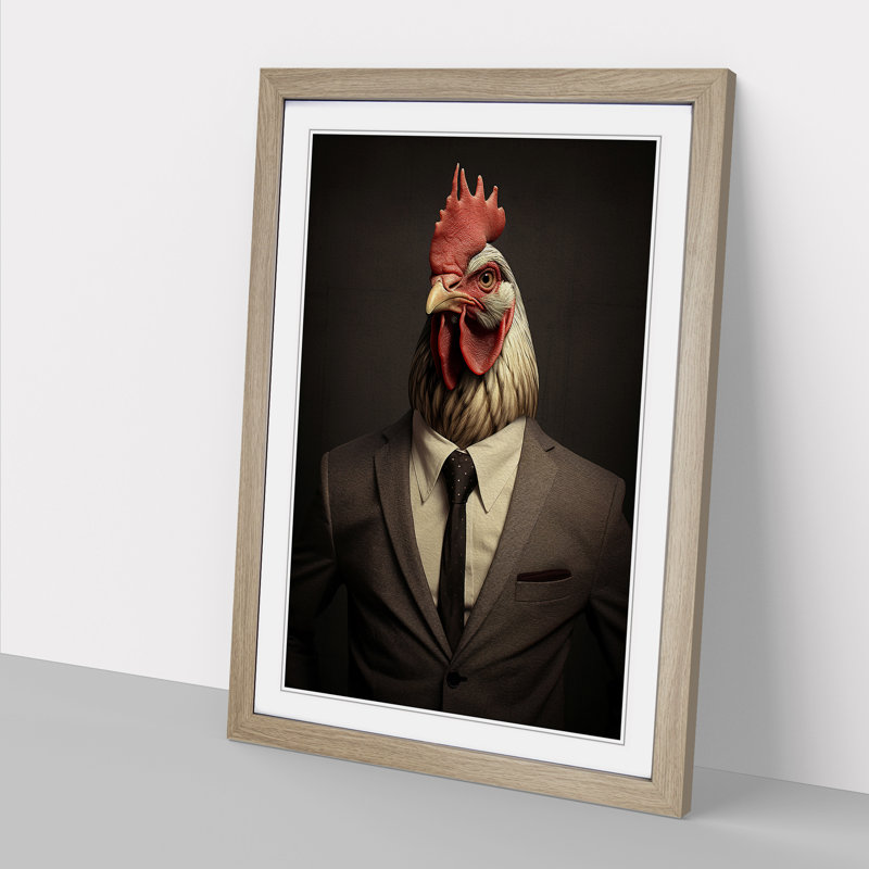 Chicken Minimalism No.2 - Single Picture Frame Print on Wood, 46cm H x 34cm W x 2cm D, Oak Framed
