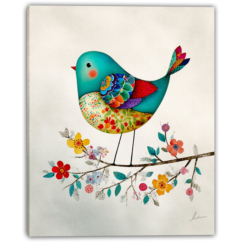 «Floral Patchwork Bird», art mural sur toile tendue