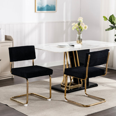 Black Corduroy Dining Side Chairs, Of 2, With Stunning Gold Metal Base And Channel Tufting Design Modern Dazzling Elegant Pattern