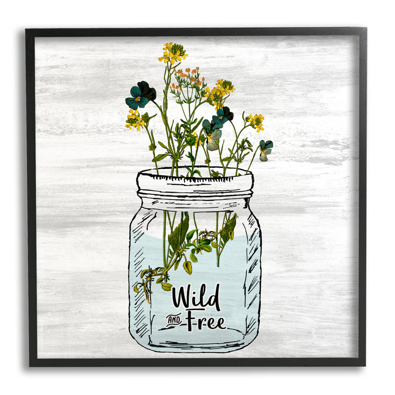 Fleurs jaunes sauvages et libres dans un pot Mason, L 17 po x H 17 po, Giclée encadrée noir minuit
