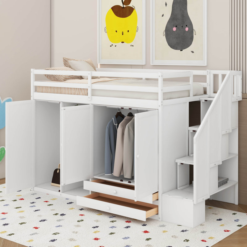 Lit mezzanine simple avec 3 tablettes, 2 armoires et 2 tiroirs, Blanc
