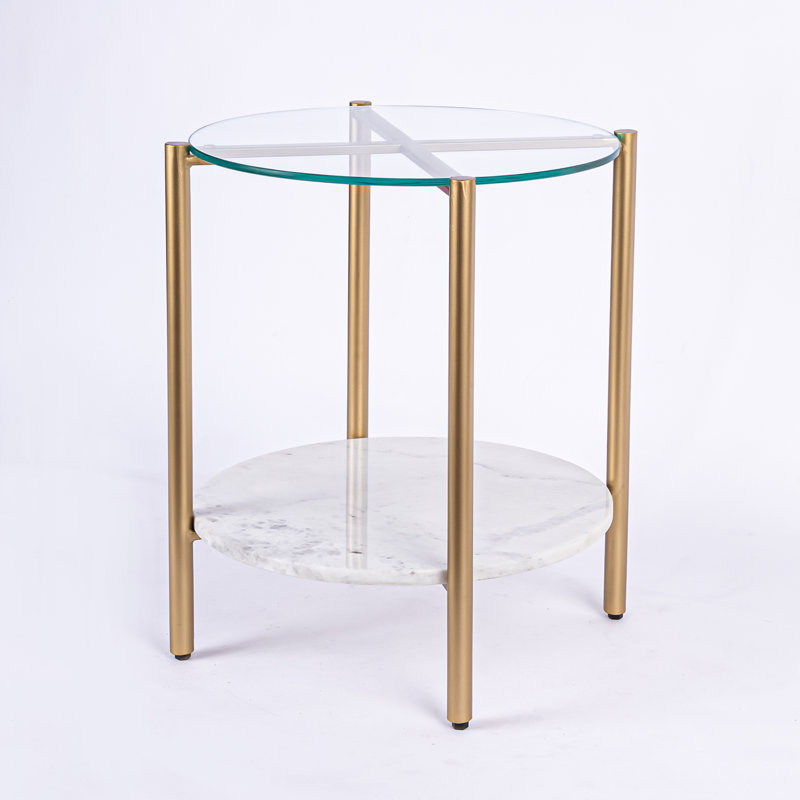 Table de bout avec rangement en marbre et verre Ansted, Or, Blanc