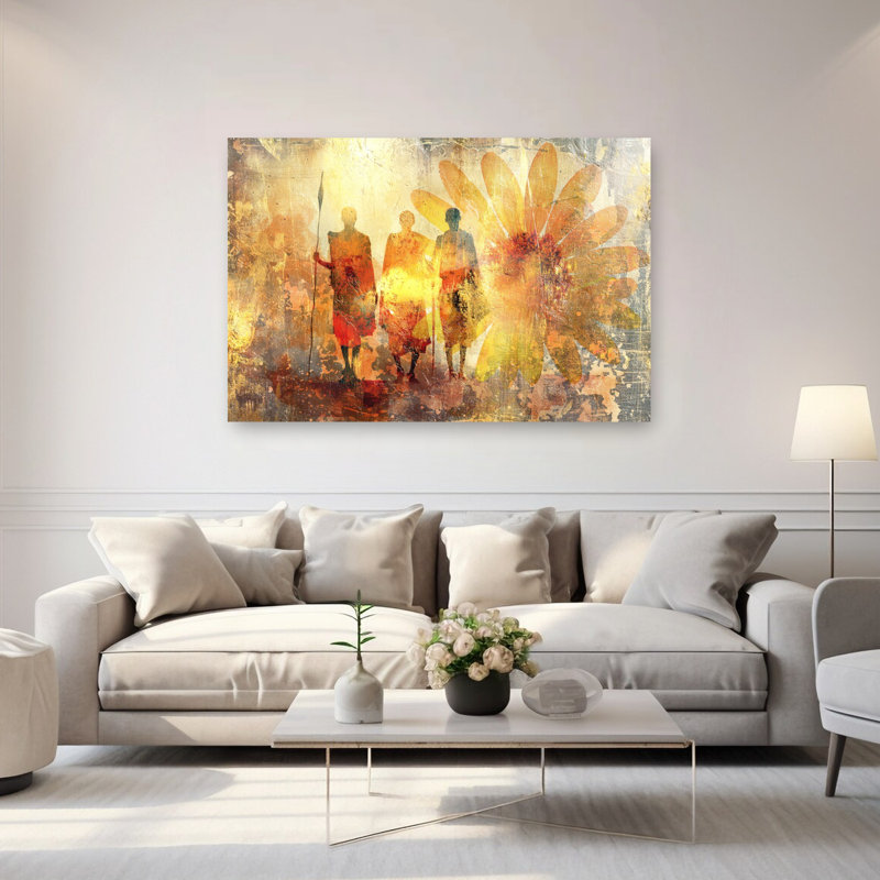 Art africain de paysage africain abstrait de fleurs de marguerite rétro vintage, 40" H x 60" W
