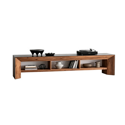 Meuble télé moderne et minimaliste en pin massif avec rangement à compartiments ouverts