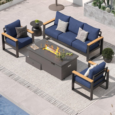 Ensemble de mobilier de patio en aluminium pour 5 personnes avec table de foyer de 50000 BTU, ensemble de conversation moderne avec coussins en oléfine de 6 po pour le balcon, le porche et la cour