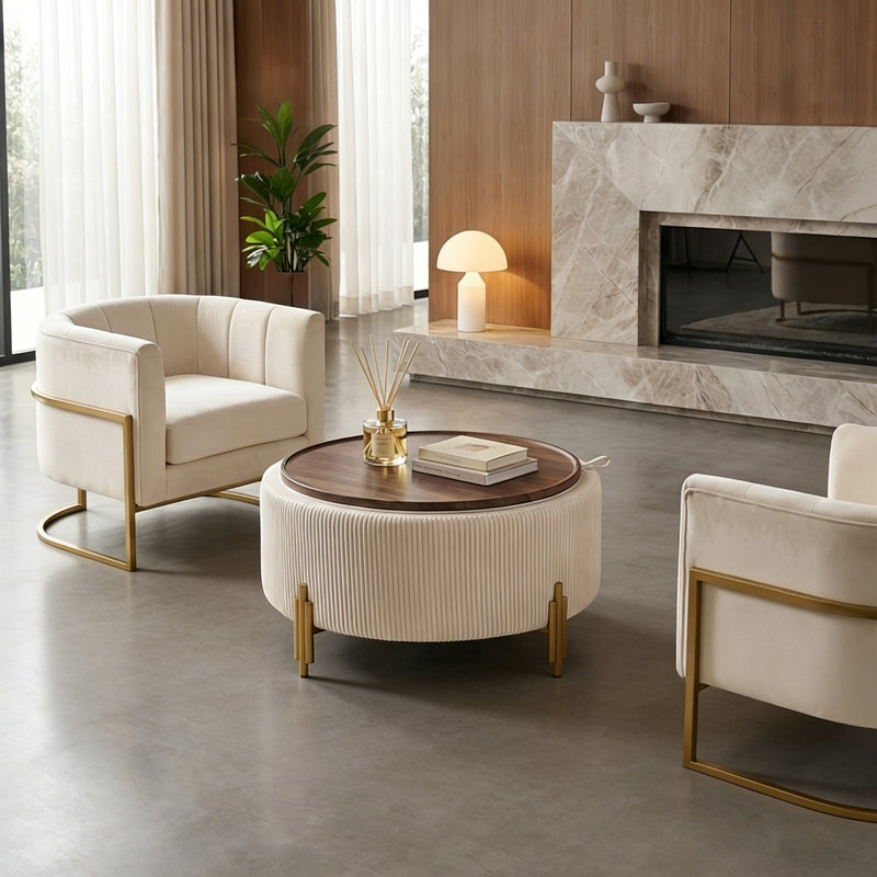 30" W Upholstered Round Storage Ottoman Coffee Table with Metal Legs, White