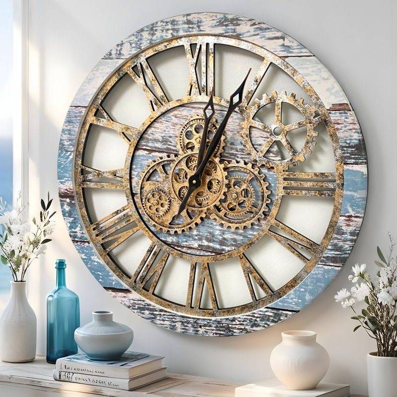 Horloge murale ronde surdimensionnée de 24 po pour le salon avec la collection America, Vert turquoise