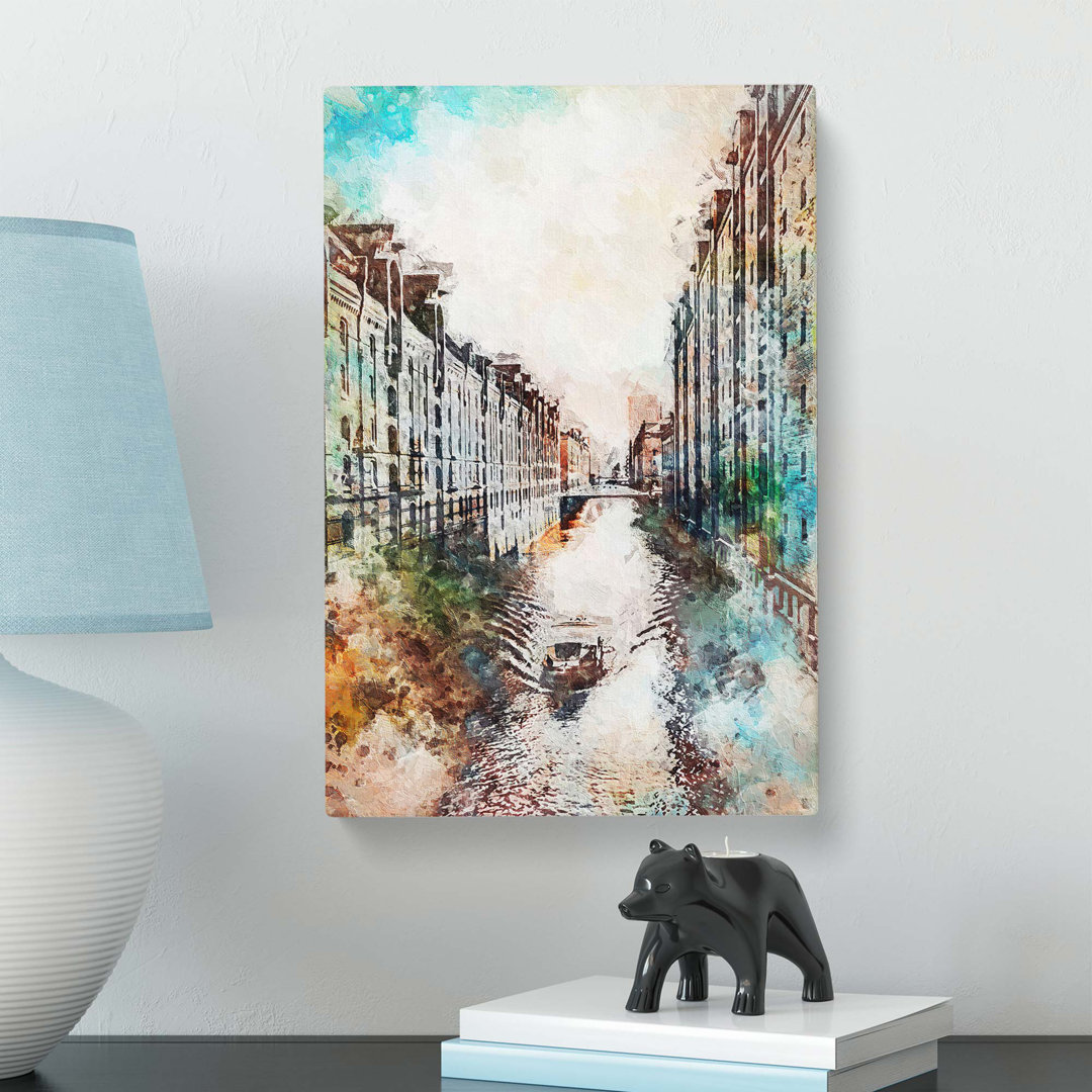 Canal Boat in Hamburg Germany in Abstract - Wrapped Canvas