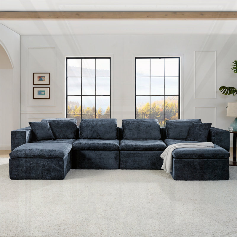Canapé modulaire en U de 143 po avec assise profonde et modulaire, Chenille bleu