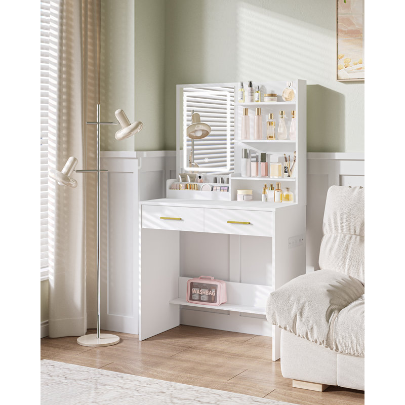 Vanity Desk with Mirror, Makeup Vanity with Led Lights, Dressing Table with Power Outlet, Drawers, 3 Color Modes, White