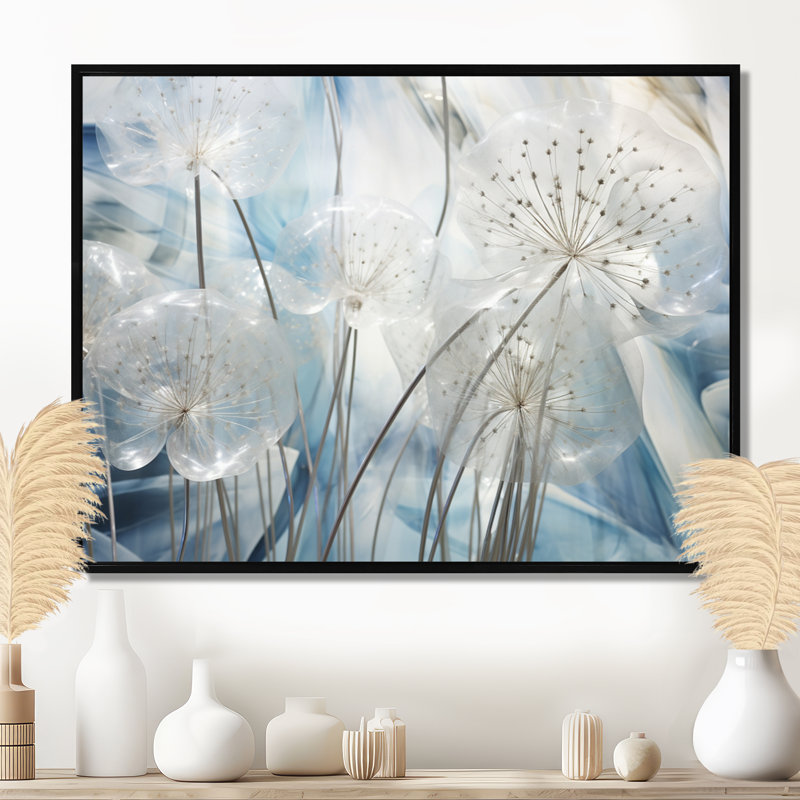 Sparkling Silver Dandelion Dreams I - Pissenlit, art encadré, Toile avec cadre flottant noir, H 12 po x l 20 po x P 1 po