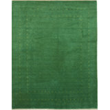 Green Hand-Knotted Wool Framed Field Geometric Modern Contemporary Carpet Rug