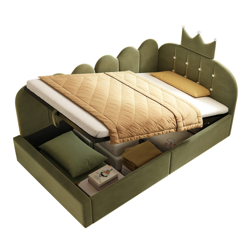 3ft Velvet Upholstered Daybed With Hydraulic Storage, Crown & Lattice Design, Sofa Bed 90x190 Cm, No Box Spring – Beige