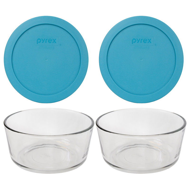 Pyrex (2) 7201 4 Cup Glass Bowls & (2) 7201-PC Lids, Teal Blue