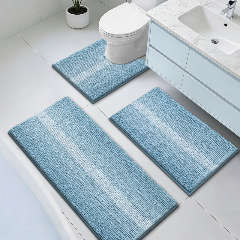 Tapis de bain en chenille à rayures dégradées (ensemble de 3), Bleu