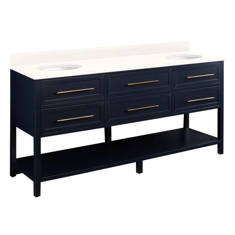 72" Robertson Double Bathroom Vanity Set with Oval Undermount Sinks, Arctic White Quartz, Midnight Navy Blue, 8" Widespread