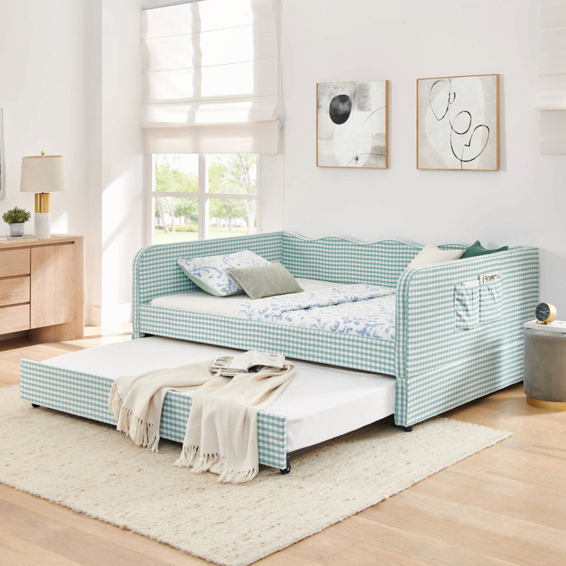 Lit de jour, canapé-lit convertible 3-en-1 polyvalent avec couchette coulissante et poches latérales Gingham, Full/Double