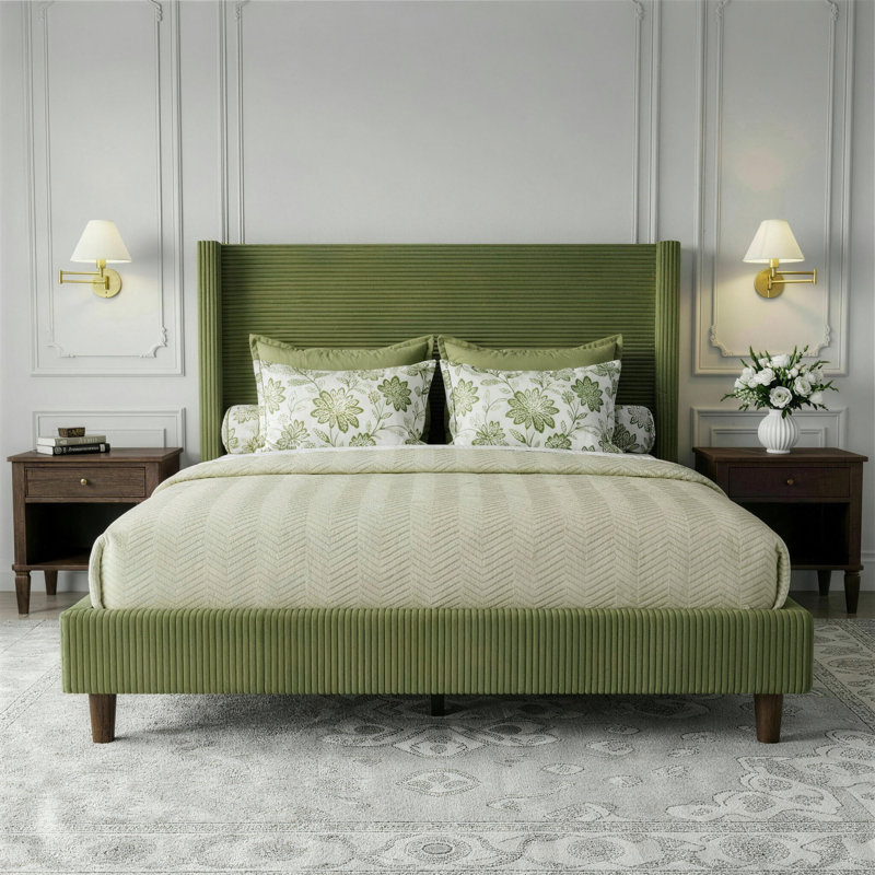 Queen Size Upholstered Platform Bed Frame, 56" High Headboard Wingback Bed, Fully Upholstered Mattress Foundation, No Box Spring Needed No Noise