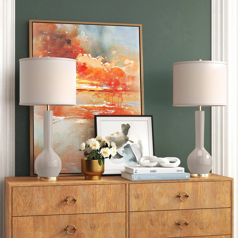 Light Grey Ceramic Long Neck Table Lamp Set with White Cotton Shade